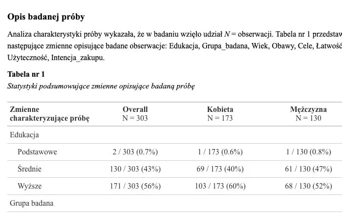 Fragment tabeli przedstawiającej charakterystykę badanej próby do artykułu