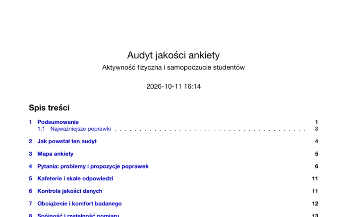 Pierwsza strona raportu audytu ankiety o aktywności fizycznej studentów