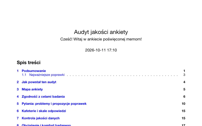 Pierwsza strona raportu audytu ankiety online o memach: spis treści i indeks jakości 48/100